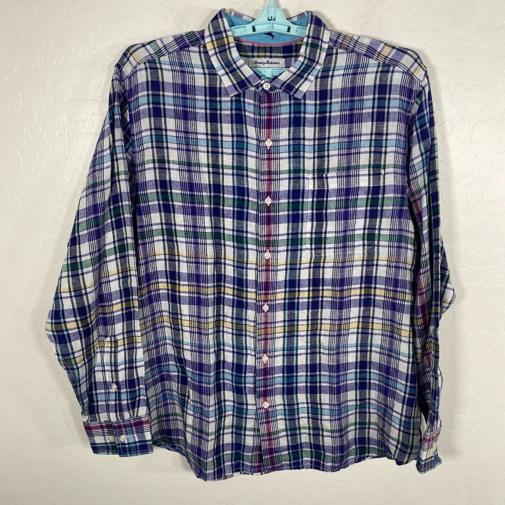 Tommy Bahama Shirt Mens XL Blue Linen Button Up Hawaiian Island Tropics Plaid